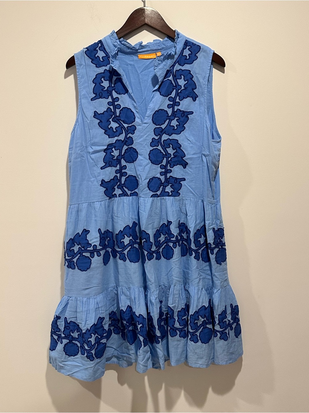 Oliphant Sky Blue Sleeveless Mini Dress with Navy Floral Applique